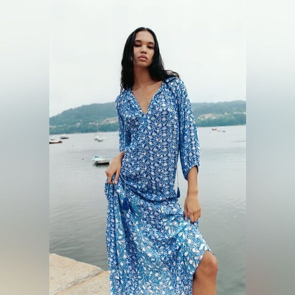 ZARA BOHO DOTTED MESH PRINTED MIDI DRESS - Picture 2 of 7